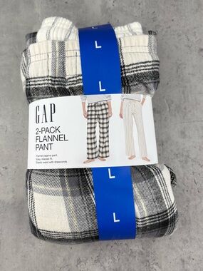 Gap Women's 2 pack Flannel PJ Pant. Sz L 12-14 cream color stripe & plaid NWT